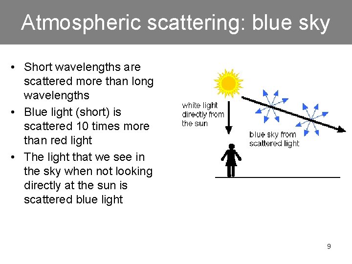 Atmospheric scattering: blue sky • Short wavelengths are scattered more than long wavelengths •