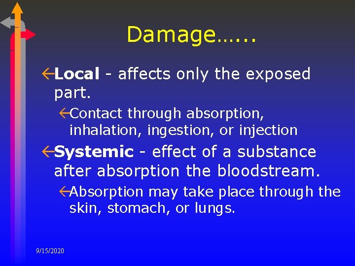 Damage…. . . ßLocal - affects only the exposed part. ßContact through absorption, inhalation,