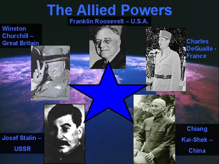 The Allied Powers Franklin Roosevelt – U. S. A. Winston Churchill – Great Britain