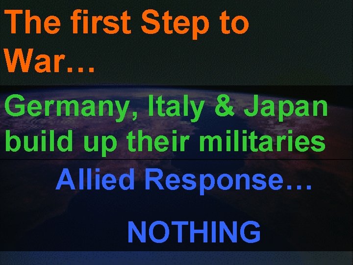 The first Step to War… Germany, Italy & Japan build up their militaries Allied