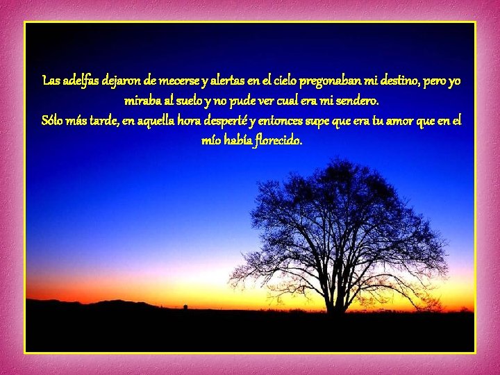 Las adelfas dejaron de mecerse y alertas en el cielo pregonaban mi destino, pero Las adelfas dejaron de mecerse y alertas en el cielo pregonaban mi destino, pero