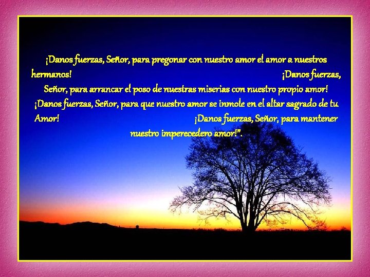 ¡Danos fuerzas, Señor, para pregonar con nuestro amor el amor a nuestros hermanos! ¡Danos ¡Danos fuerzas, Señor, para pregonar con nuestro amor el amor a nuestros hermanos! ¡Danos