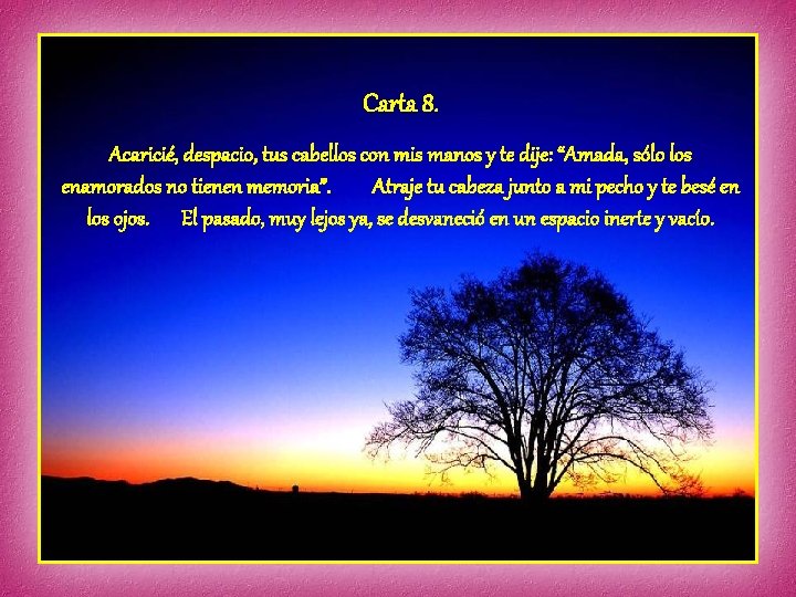 Carta 8. Acaricié, despacio, tus cabellos con mis manos y te dije: “Amada, sólo Carta 8. Acaricié, despacio, tus cabellos con mis manos y te dije: “Amada, sólo