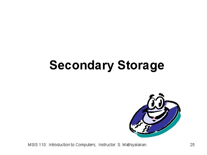 Secondary Storage MSIS 110: Introduction to Computers; Instructor: S. Mathiyalakan 25 