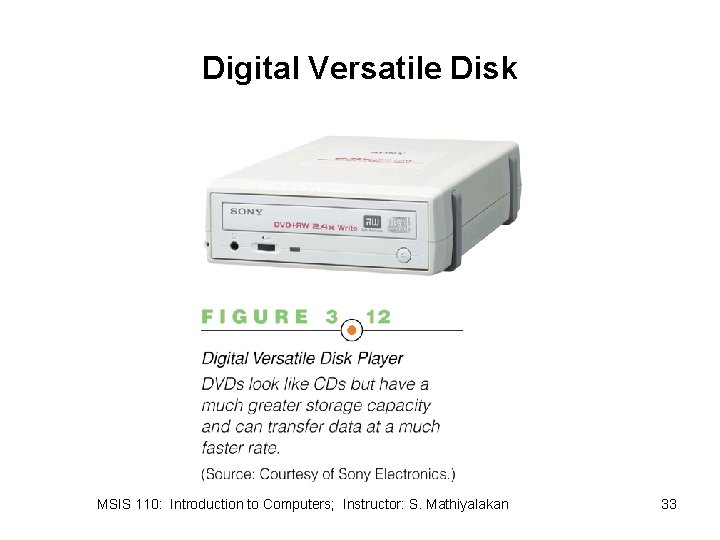 Digital Versatile Disk MSIS 110: Introduction to Computers; Instructor: S. Mathiyalakan 33 