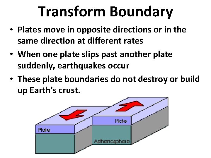 Transform Boundary • Plates move in opposite directions or in the same direction at