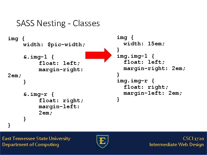 SASS Nesting - Classes img { width: $pic-width; 2 em; } &. img-l {