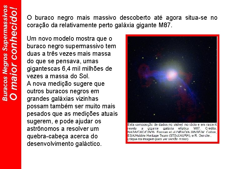 O maior conhecido! Buracos Negros Supermassivos O buraco negro mais massivo descoberto até agora