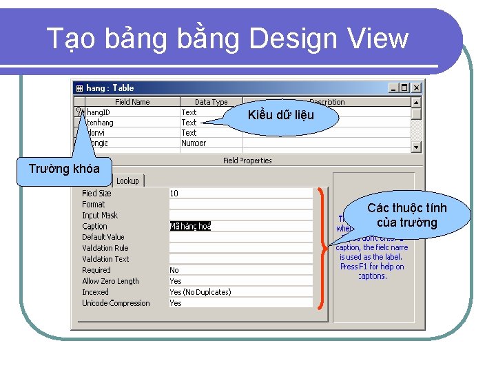 Tạo bảng bằng Design View Kiểu dữ liệu Trường khóa Các thuộc tính của