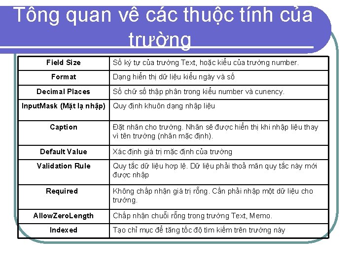 Tổng quan về các thuộc tính của trường Field Size Format Decimal Places Số