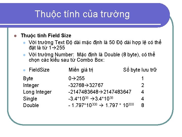 Thuộc tính của trường l Thuộc tính Field Size l Với trường Text Độ