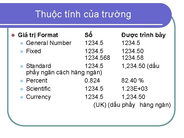 Thuộc tính của trường l Giá trị Format l General Number l Fixed l