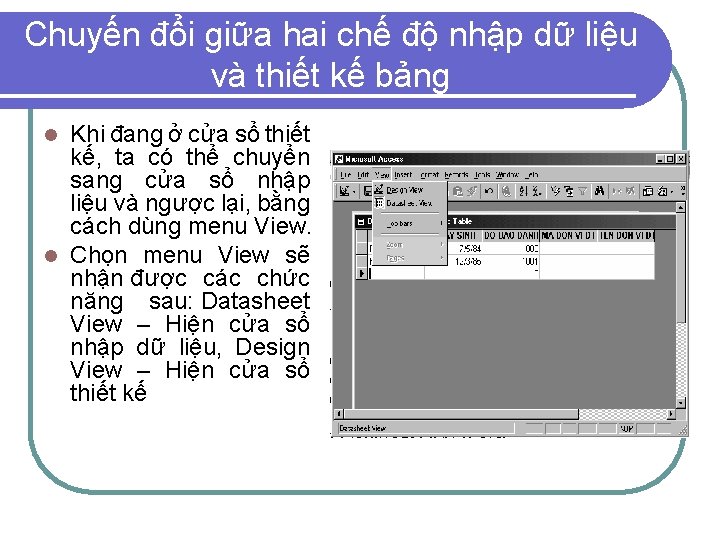 Chuyến đổi giữa hai chế độ nhập dữ liệu và thiết kế bảng Khi