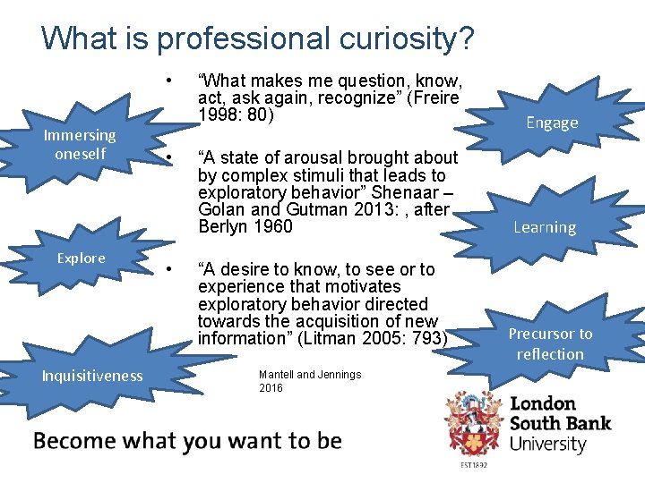 What is professional curiosity? • Immersing oneself Explore Inquisitiveness • • “What makes me