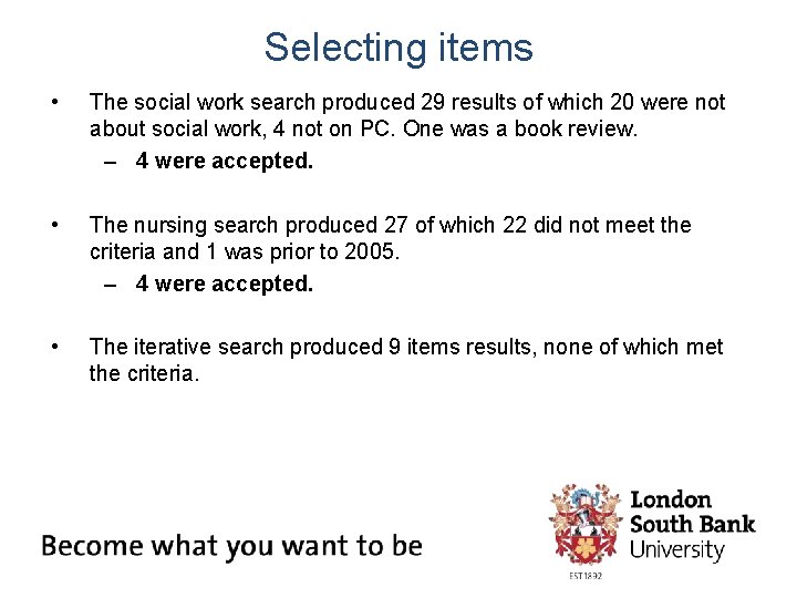 Selecting items • The social work search produced 29 results of which 20 were