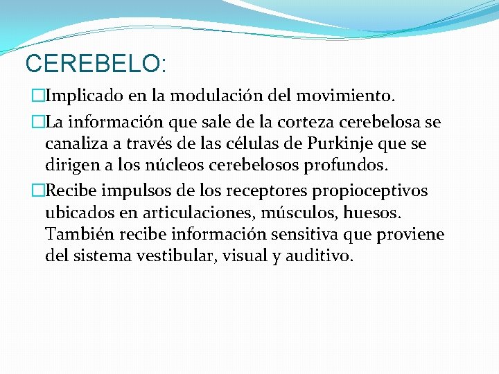 CEREBELO: �Implicado en la modulación del movimiento. �La información que sale de la corteza