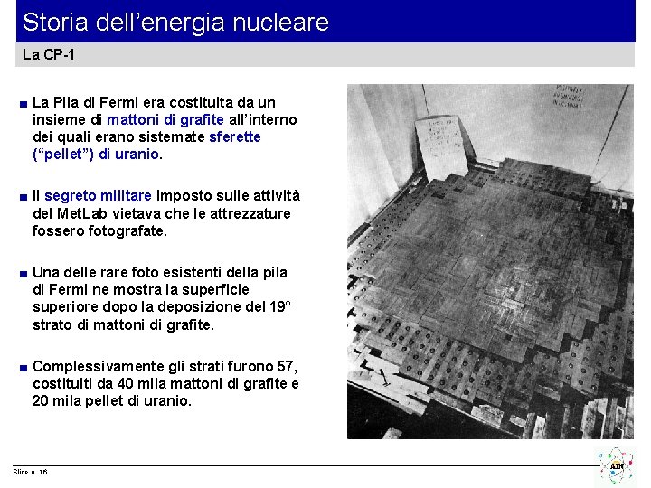 Storia dell’energia nucleare La CP-1 ■ La Pila di Fermi era costituita da un