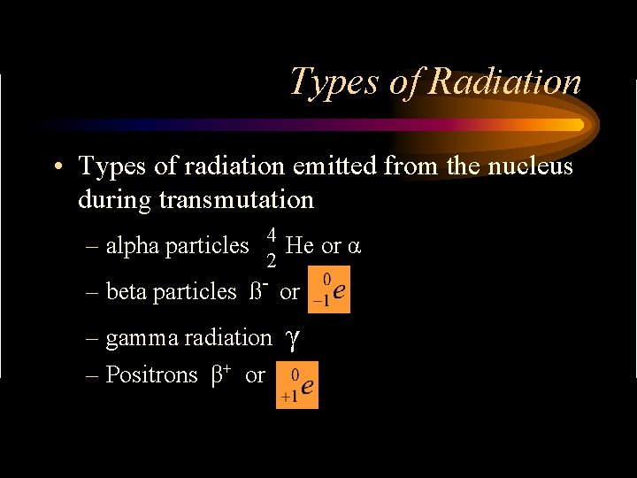 Types of Radiation • Types of radiation emitted from the nucleus during transmutation –