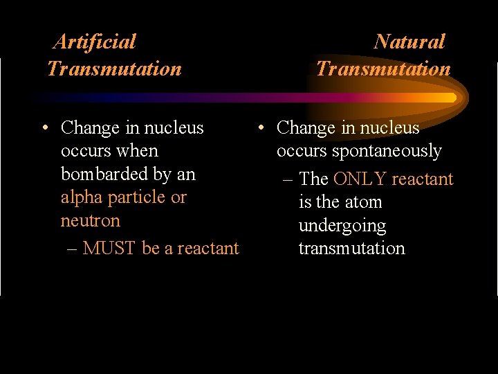 Artificial Transmutation Natural Transmutation • Change in nucleus occurs when occurs spontaneously bombarded by