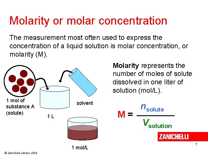 Molarity or molar concentration The measurement most often used to express the concentration of