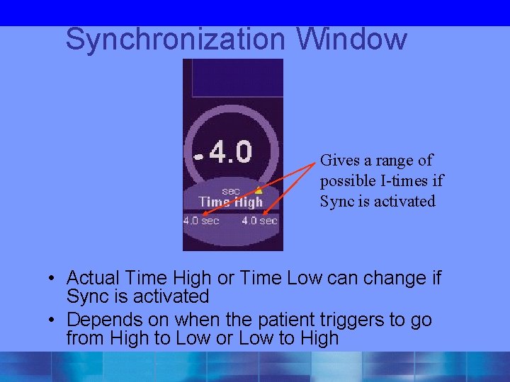  Synchronization Window Gives a range of possible I-times if Sync is activated •