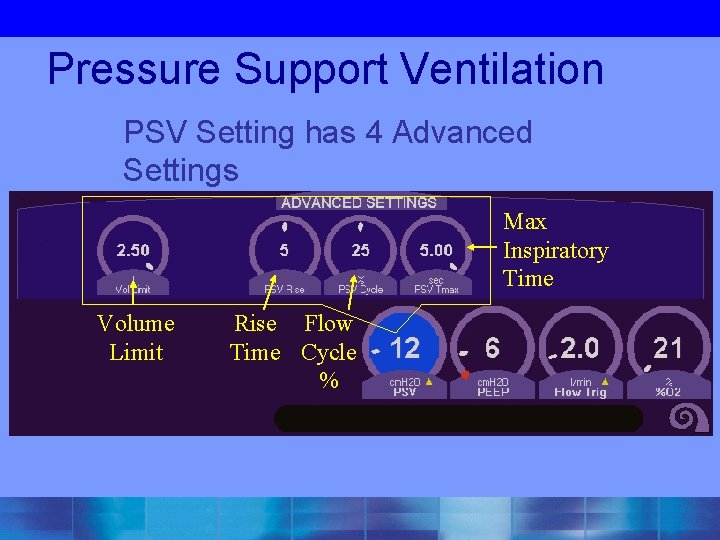 Pressure Support Ventilation PSV Setting has 4 Advanced Settings Max Inspiratory Time Volume Limit