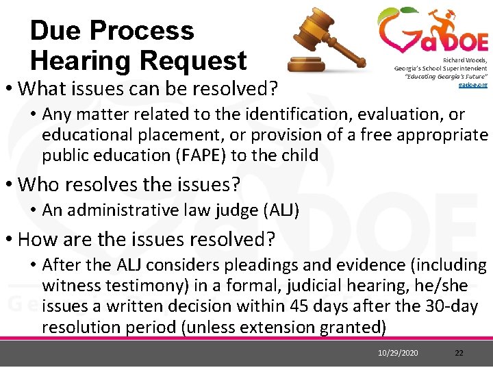 Due Process Hearing Request • What issues can be resolved? Richard Woods, Georgia’s School