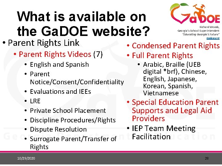 What is available on the Ga. DOE website? • Parent Rights Link • Parent What is available on the Ga. DOE website? • Parent Rights Link • Parent