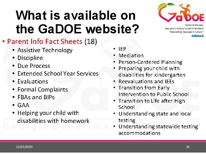 What is available on the Ga. DOE website? • Parent Info Fact Sheets (18) What is available on the Ga. DOE website? • Parent Info Fact Sheets (18)