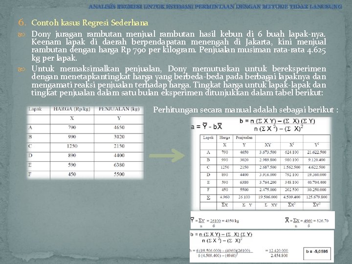 ANALISIS REGRESI UNTUK ESTIMASI PERMINTAAN DENGAN METODE TIDAK LANGSUNG 6. Contoh kasus Regresi Sederhana