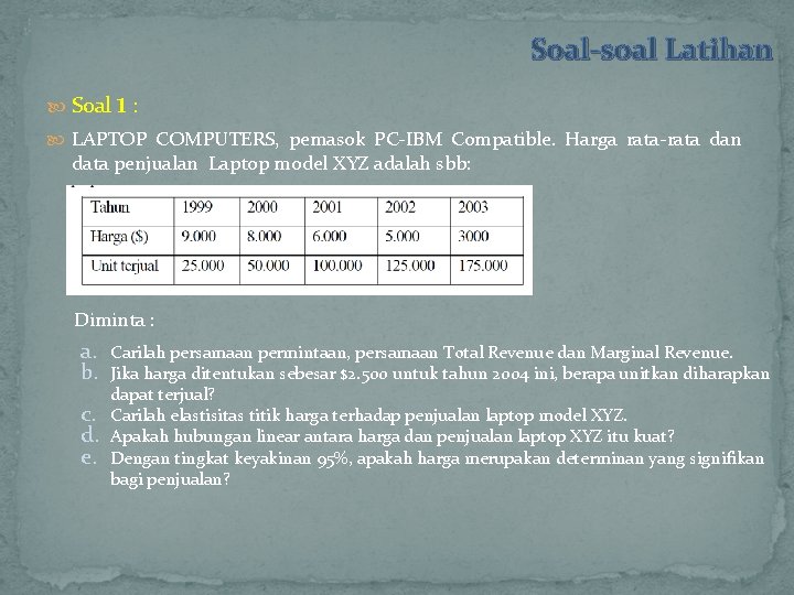 Soal-soal Latihan 1 Soal : LAPTOP COMPUTERS, pemasok PC‐IBM Compatible. Harga rata‐rata dan data