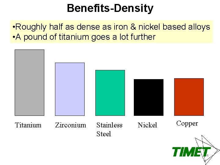Benefits-Density • Roughly half as dense as iron & nickel based alloys • A