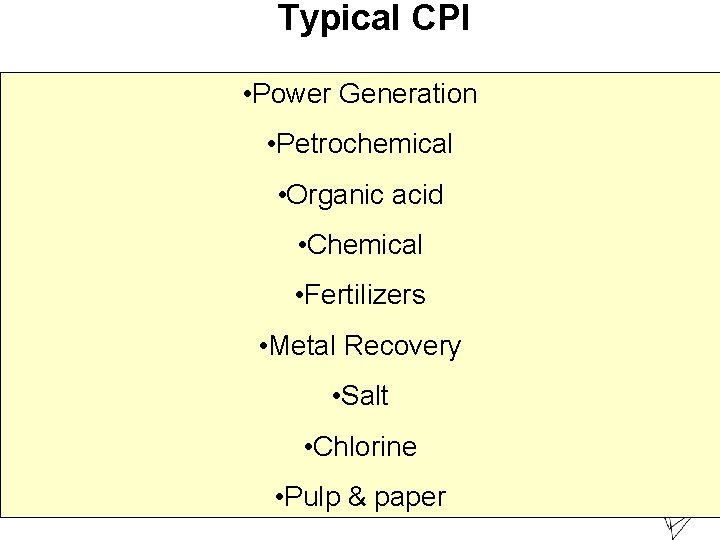 Typical CPI • Power Generation • Petrochemical • Organic acid • Chemical • Fertilizers