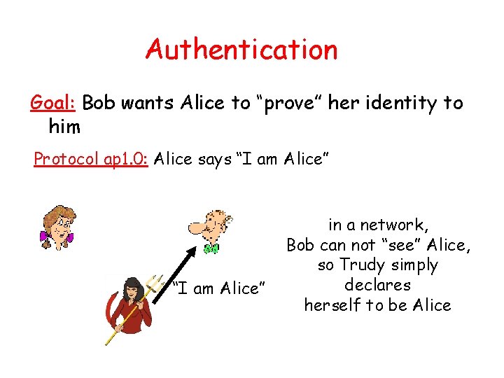 Authentication Goal: Bob wants Alice to “prove” her identity to him Protocol ap 1.