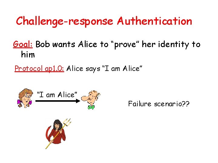 Challenge-response Authentication Goal: Bob wants Alice to “prove” her identity to him Protocol ap
