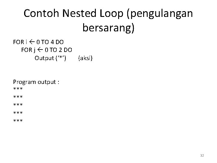 Contoh Nested Loop (pengulangan bersarang) FOR i 0 TO 4 DO FOR j 0