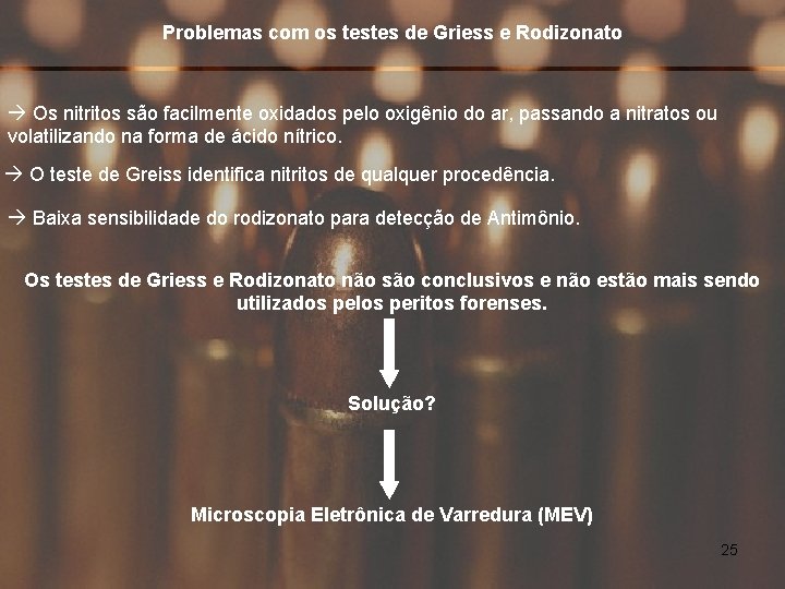 Problemas com os testes de Griess e Rodizonato Os nitritos são facilmente oxidados pelo