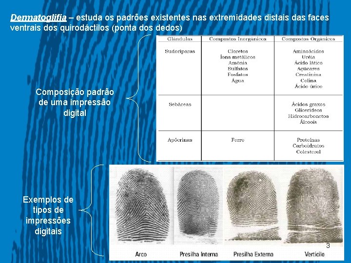 Dermatoglifia – estuda os padrões existentes nas extremidades distais das faces ventrais dos quirodáctilos