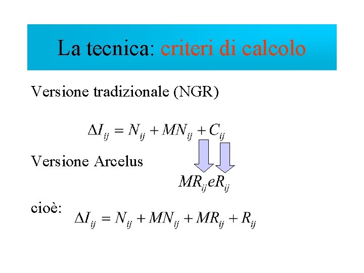 La tecnica: criteri di calcolo Versione tradizionale (NGR) Versione Arcelus cioè: 