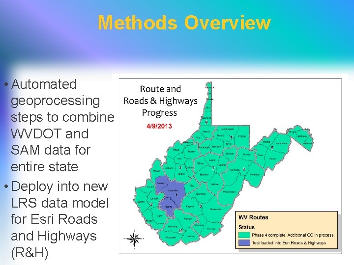 Methods Overview • Automated geoprocessing steps to combine WVDOT and SAM data for entire