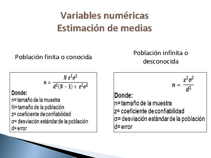 Variables numéricas Estimación de medias Población finita o conocida Población infinita o desconocida 