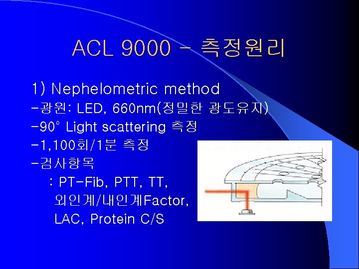 ACL 9000 - 측정원리 1) Nephelometric method -광원: LED, 660 nm(정밀한 광도유지) -90° Light
