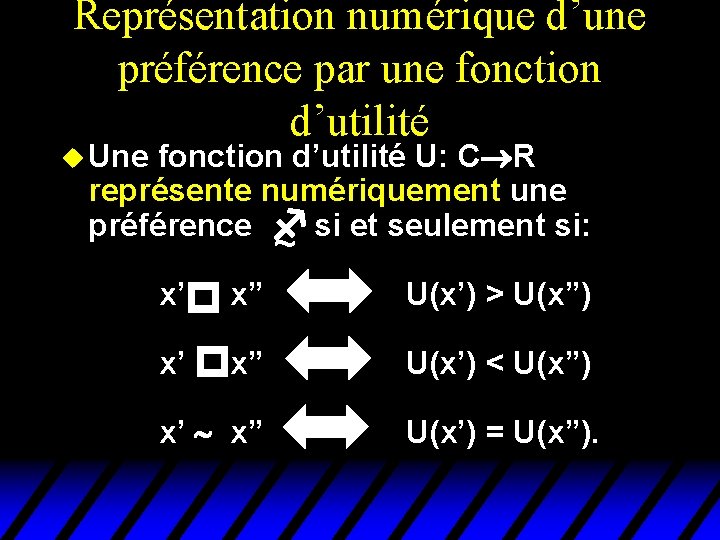 Représentation numérique d’une préférence par une fonction d’utilité u Une fonction d’utilité U: C Représentation numérique d’une préférence par une fonction d’utilité u Une fonction d’utilité U: C