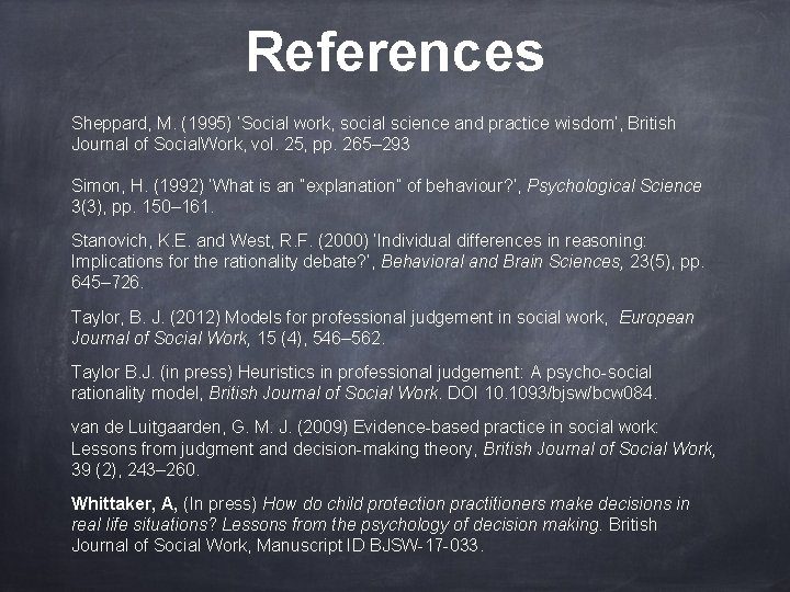 References Sheppard, M. (1995) ‘Social work, social science and practice wisdom’, British Journal of