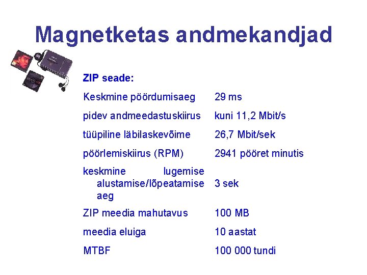 Magnetketas andmekandjad ZIP seade: Keskmine pöördumisaeg 29 ms pidev andmeedastuskiirus kuni 11, 2 Mbit/s