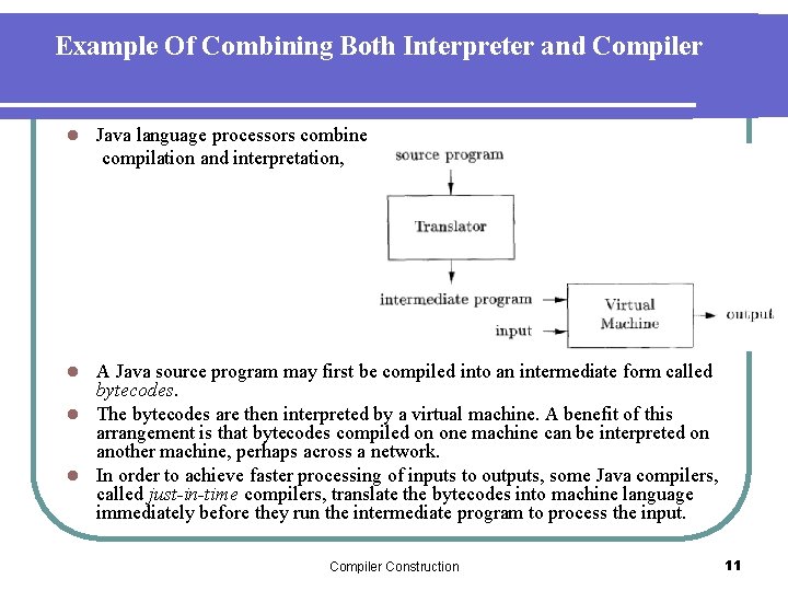 Example Of Combining Both Interpreter and Compiler l Java language processors combine compilation and