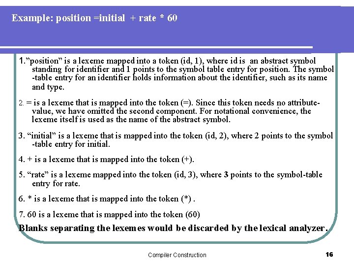 Example: position =initial + rate * 60 1. ”position” is a lexeme mapped into