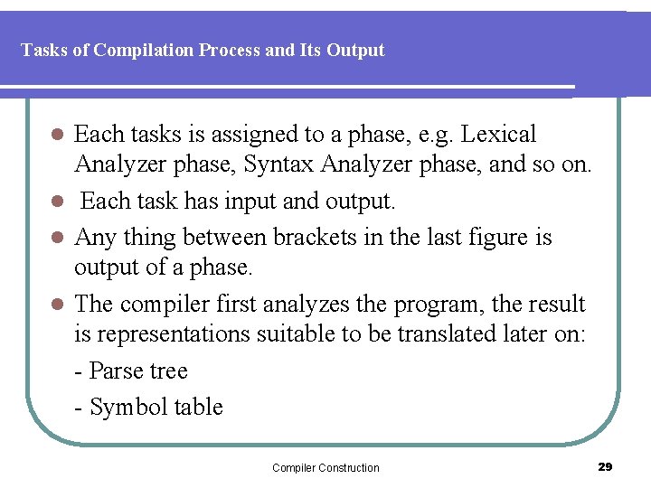 Tasks of Compilation Process and Its Output Each tasks is assigned to a phase,