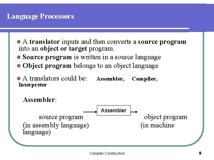 Language Processors. A translator inputs and then converts a source program into an object