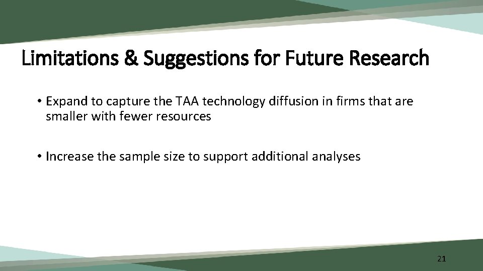 Limitations & Suggestions for Future Research • Expand to capture the TAA technology diffusion